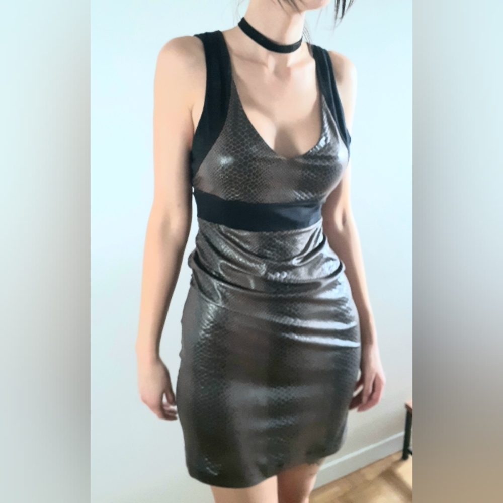 Taupe and black snakeskin dress